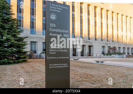 Washington D.C., USA - 12 gennaio 2020: Segno del tribunale distrettuale degli Stati Uniti per il Distretto di Columbia a Washington D.C., USA Foto Stock