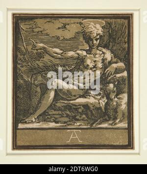 Taglialegno: Antonio da Trento, italiano, 1508–1550, dopo: Parmigianino, italiano, 1503–1540, San Giovanni Battista nella natura, taglio di legno Chiaroscuro stampato da due blocchi, foglio: 12.6 × 11.1 cm (4 15/16 × 4 3/8 in.), Made in Italy, Italiano, XVI secolo, opere su carta - stampe Foto Stock