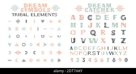 Alfabeto tribale e ornamenti. Lettere e simboli in stile etnico geometrico. Aztec e nativo americano tessuto stile. Illustrazione vettoriale Illustrazione Vettoriale