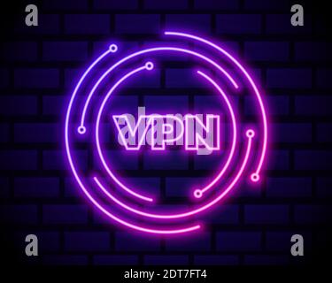 Icona di connessione di rete VPN al neon illuminata isolata su sfondo scuro a muro in mattoni. Tecnologia sociale. Concetto di cloud computing. Illustrazione vettoriale. Illustrazione Vettoriale