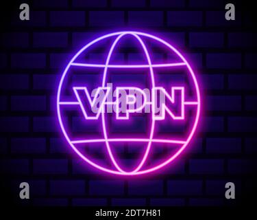 Icona di connessione di rete VPN al neon illuminata isolata su sfondo scuro a muro in mattoni. Tecnologia sociale. Concetto di cloud computing. Illustrazione vettoriale. Illustrazione Vettoriale