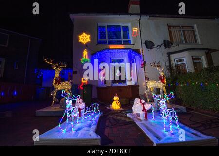 Glasgow, Scozia, Regno Unito. 21 Dic 2020. Nella foto: Renna con spettacolo di luci. Gli abitanti di Balarnock hanno messo su un fantastico spettacolo di luci di Natale. I residenti di Balarnock hanno un grande senso di comunità, e amano diffondere il xmas cheer mettendo su una mostra festosa che diffonde il messaggio di Natale. In un anno in cui COVID19 ha dominato i titoli da quasi un anno, la gente gradica appena vedere le luci colorate e godere la stagione di festa. Credit: Colin Fisher/Alamy Live News Foto Stock