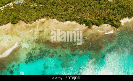 Oceano onde si infrangono sulla riva e Coral reef copia spazio per testo. vista aerea. Acqua di mare superficie in laguna con barriera corallina. Estate viaggi e concetto di vacanza. Foto Stock