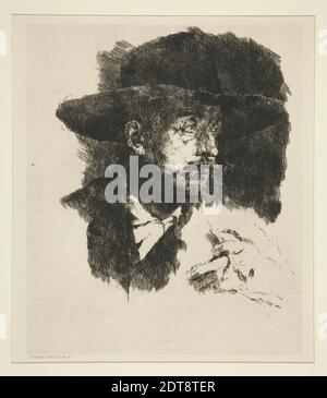 Artista: Wilhelm Maria Hubertus Leibl, tedesco, 1844–1900, un Fumeur, incisione, foglio: 22.5 × 18.7 cm (8 7/8 × 7 3/8 pollici), Made in Germany, German, XIX secolo, opere su carta - stampe Foto Stock