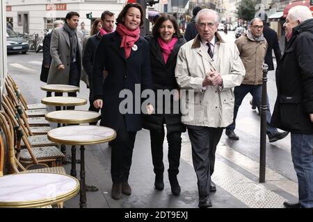 Candidato del Partito Socialista Francese (PS) alle prossime elezioni comunali Anne Hidalgo affiancato dal candidato PS nel nono distretto Pauline Veron e sindaco del nono distretto di Parigi, Jacques Bravo visita il nono distretto di Parigi, Francia il 25 marzo 2014. Foto di Stephane Lemouton/ABACAPRESS.COM Foto Stock