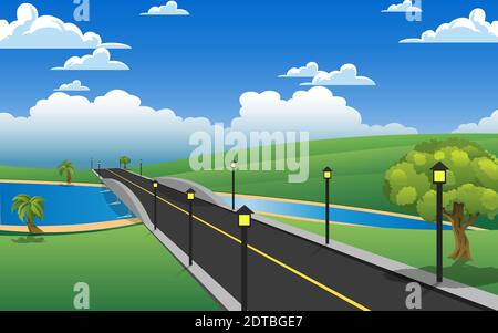 paesaggio di strada sul fiume alla montagna in ora del giorno Illustrazione Vettoriale