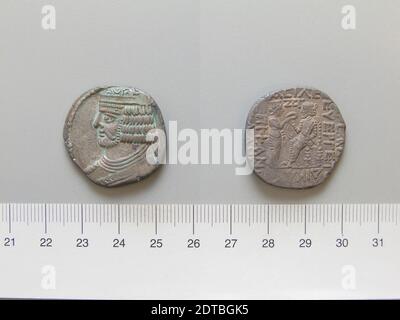 Re: Vologasi i, re partico 51-78, Zecca: Partia, Tetradrachm di Vologasi i, re partico di Partia, 56–57 d.C., Argento, 9.53 g, 12:00, 28.6 mm, Made in Partia, Parthiano, i secolo d.C., Numismatica Foto Stock