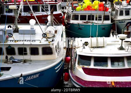 Una sezione ravvicinato di barche da pesca di aragosta attraccate a. Il pontile di Alma New Brunswick Canada Foto Stock