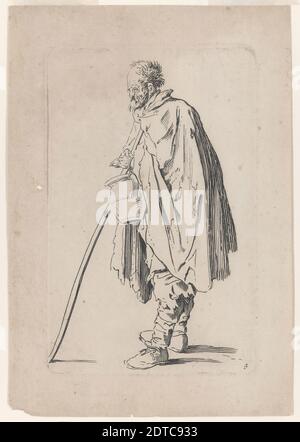 Dopo: Jacques Callot, francese, 1592–1635, le Mendiant au Couvet (Beggar con Pot di terriero), da Les Gueux, incisione, platemark: 13.2 × 8.5 cm (5 3/16 × 3 3/8 in.), francese, XVII secolo, opere su carta - stampe Foto Stock