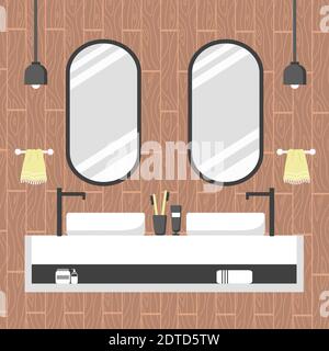 Interni moderni del bagno in stile scandi. Camera accogliente con due specchi ovali e lavandini bianchi. Illustrazione Vettoriale