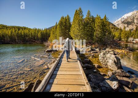 USA, Wyoming, Jackson, Grand Teton National Park, donna anziana che cammina su un sentiero in legno sul lago Taggart nel Grand Teton National Park Foto Stock