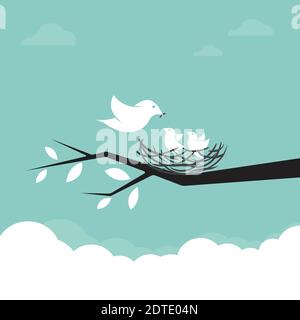 Famiglia di uccelli che stanno alimentando il bambino, illustrazione. Illustrazione vettoriale a livelli facilmente modificabile. Animali. Illustrazione Vettoriale