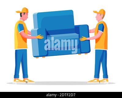 Consegna personaggio uomo Movers portare poltrona. Due facchini trasportano il lettino isolato. Azienda traslochi con caricatori e mobili. Concetto di servizio di consegna e trasferimento. Illustrazione vettoriale piatta Cartoon Illustrazione Vettoriale