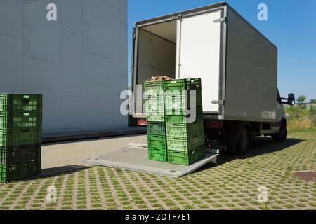 Scatole in plastica per il trasporto e la consegna di alimenti Foto Stock