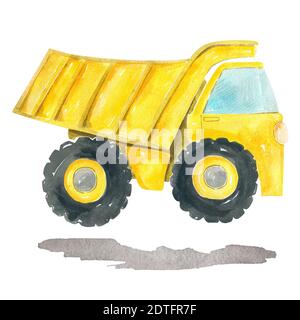 Simpatico cartoon illustrazione di costruzione giallo dump camion. Design per bambini dipinto a mano con acquerello Foto Stock