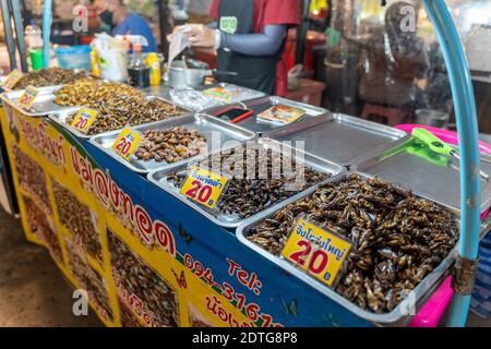 Phuket, Thailandia - 17 dicembre 2020 - insetti commestibili fritti in vendita al mercato di Chillva, una strada pedonale a Phuket, Thailandia il 17 dicembre 2020 Foto Stock