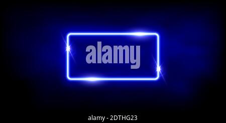 Rettangolo blu al neon brillante con scintille in nebbia su sfondo astratto. Telaio luci elettriche. Illustrazione vettoriale del design geometrico della moda. Vuoto Illustrazione Vettoriale