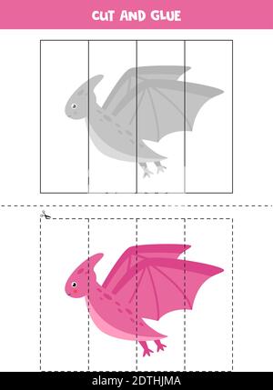Taglia e colla gioco per bambini. Carino cartoon pterodactyl. Pratica di taglio per i preschoolers. Foglio di lavoro didattico per bambini. Illustrazione Vettoriale