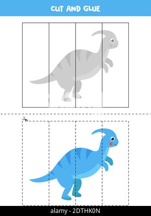 Taglia e colla gioco per bambini. Simpatico parasaurolofo di dinosauro blu. Pratica di taglio per i preschoolers. Foglio di lavoro didattico per bambini. Illustrazione Vettoriale