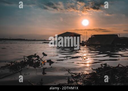 Scenario cinematografico del tramonto sul delta del Mekong in Vietnam, che mostra la vita quotidiana e la cultura Foto Stock