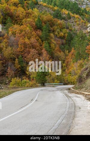 Vista sulla strada vicino al monte kapesovo Tymfi con colori autunnali a Zagori Epiro, Grecia. Foto Stock