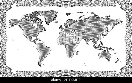 Mappa del mondo disegno vecchio stile inciso Woodcut Illustrazione Vettoriale