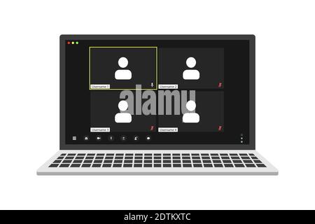 Interfaccia utente per videoconferenza su un computer portatile realistico, sovrapposizione delle finestre delle videochiamate in conferenza. Quattro utenti. Illustrazione Vettoriale