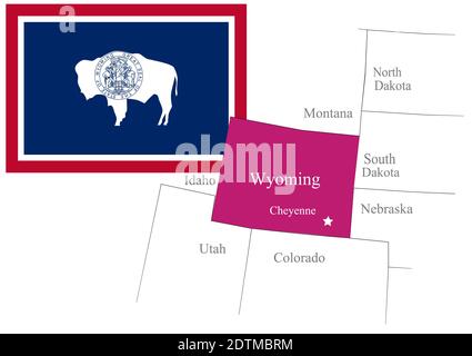 Bandiera e mappa del Wyoming degli Stati Uniti, illustrazione vettoriale Illustrazione Vettoriale