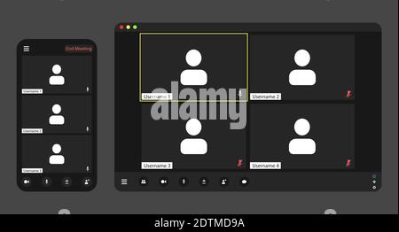 Interfaccia utente per videoconferenza modello, sovrapposizione finestra chiamate in videoconferenza. Tre-quattro utenti. Illustrazione Vettoriale