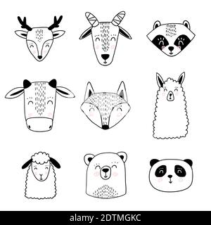 Animali scandinavi. Set di animali carino nordico. Panda tracciato a mano vettoriale Illustrazione Vettoriale