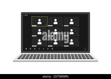Interfaccia utente per videoconferenza su un computer portatile realistico, sovrapposizione delle finestre delle videochiamate in conferenza. Nove utenti. Illustrazione Vettoriale