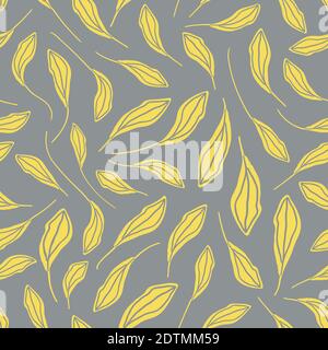 Vettore giallo foglie strette sfondo senza giunture. Fogliame d'oro organico disegnato a mano su caldo sfondo grigio. Elegante botantario pittorico Illustrazione Vettoriale