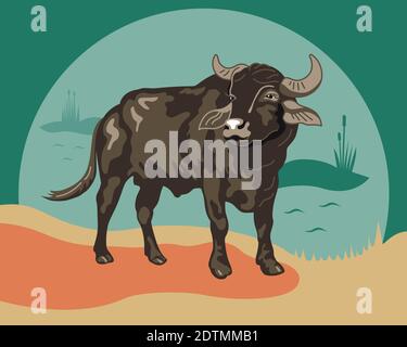 Immagine vettoriale di Cow, Bull, acqua Buffalo flat illustrazione, simbolo del 2021, Ox anno sul calendario cinese su sfondo verde Illustrazione Vettoriale