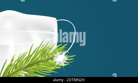 Maschera medica con ramo di pino e snoflake su sfondo blu, vettore. Illustrazione Vettoriale
