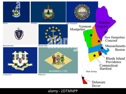 Stati dell'est (Maine, Vermont, New Hampshir, Massachusetts, Rhode Island, Connecticut, Delawere) della bandiera e della mappa degli Stati Uniti, illustrazione vettoriale Illustrazione Vettoriale