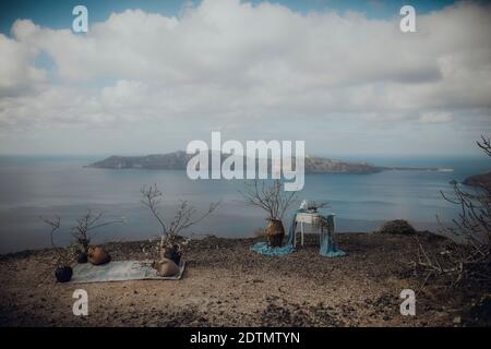 Decorazione per una cerimonia all'aperto a Santorini, Grecia Foto Stock