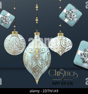 Cartolina natalizia di colore blu. Palline di Natale in sospeso blu pastello baubles con ornamento dorato e scatole regalo di Natale. Testo con auguri natalizi, rendering 3D Foto Stock