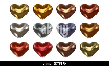Set di cuori di colore metallizzato lucido realistici per San Valentino isolati su sfondo bianco. Simbolo romantico dell'amore con una forma lucente del cuore Illustrazione Vettoriale