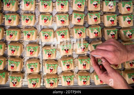 22 Dicembre 2020 Alex Dalbetty & Sons - Artisan Bakers Scottish Borders, Scozia, UK. Notizie di Natale - saggio fotografico Alex Dalbetty & Sons - Artisan Bakers con sede a Galashiels sono molto impegnati nella corsa Uptown Natale e le festività. Le foto mostrano i panettieri finitura di un grande vassoio di festa Rudolph il rosso renna ghiacciato Natale fiaba torte. Photo Phil Wilkinson / Alamy Live News Foto Stock