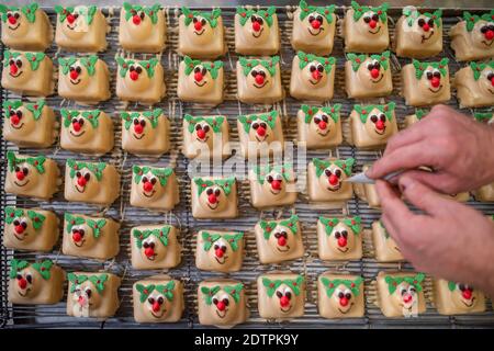 22 Dicembre 2020 Alex Dalbetty & Sons - Artisan Bakers Scottish Borders, Scozia, UK. Notizie di Natale - saggio fotografico Alex Dalbetty & Sons - Artisan Bakers con sede a Galashiels sono molto impegnati nella corsa Uptown Natale e le festività. Le foto mostrano i panettieri finitura di un grande vassoio di festa Rudolph il rosso renna ghiacciato Natale fiaba torte. Photo Phil Wilkinson / Alamy Live News Foto Stock