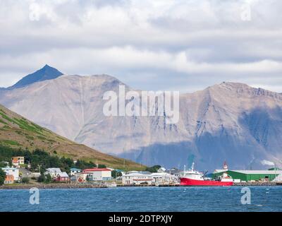 Il porto. Bildudalur al fiordo Sudurfjirdir. Il remoto Westfjords (Vestfirdir) nel nord-ovest dell'Islanda. Europa, Scandinavia, Islanda Foto Stock