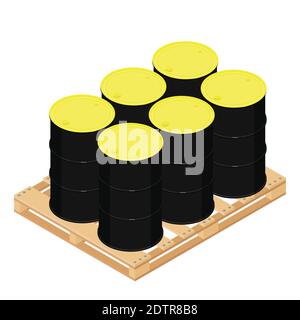 Industria barili di olio o tamburi di chimica impilati su pallet di legno. Serbatoio di sostanze chimiche. Contenitore di barili di idrocarburi. Illustrazione Vettoriale