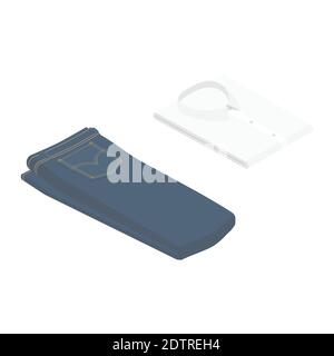 Jeans blu e camicia bianca piegata giacciono isolati su sfondo bianco vista isometrica. Vettore Illustrazione Vettoriale