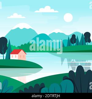 Grazioso paesaggio con piccola casa, lago e montagne. Illustrazione vettoriale in stile piatto Illustrazione Vettoriale