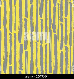 Sfondo di pattern vettoriale senza giunture a strisce geometriche lineari. Sfondo a strisce con pennellatura effetto pennello giallo grigio grossolano. Tracciata a mano in verticale Illustrazione Vettoriale