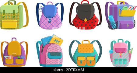 Set vettoriale di zaini scolastici con tasche e forniture in stile cartone animato Illustrazione Vettoriale