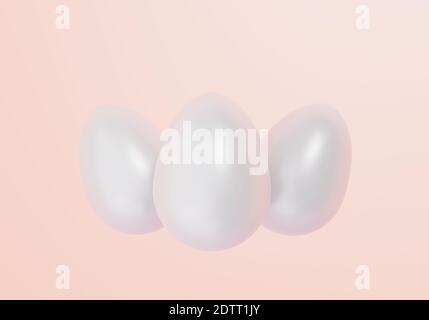 Uova bianche di pasqua su sfondo beige chiaro, illustrazione 3d Foto Stock