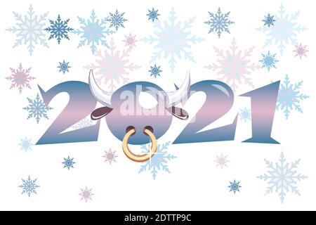 New Year 2021 Bull Ox Buffalo Cow Horn Snow BG Illustrazione Vettoriale