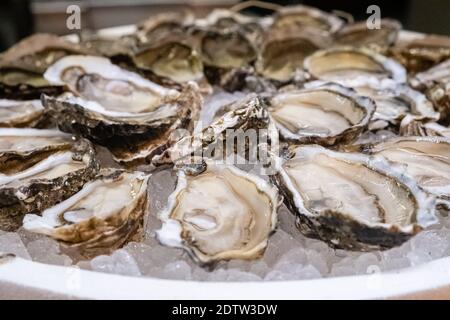 Lione (Francia), 22 dicembre 2020. L'Halles de Lyon Paul Bocuse è un importante centro della gastronomia di Lione ed è in pieno svolgimento durante la stagione delle feste. Foto Stock