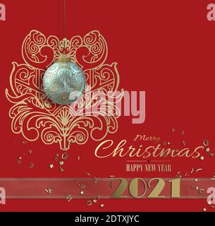 Tessera di Natale per le festività 2021 di Capodanno di colore rosso. Palline color pastello blu pendenti di Natale baubles con ornamento orientale dorato, cifra d'oro 2021. Testo con auguri natalizi, rendering 3D Foto Stock